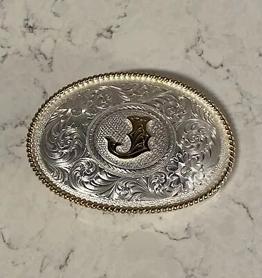 Montana Silversmith Silver Plate Western Belt Buckle Initial J Brass Rope Trim • $37.99