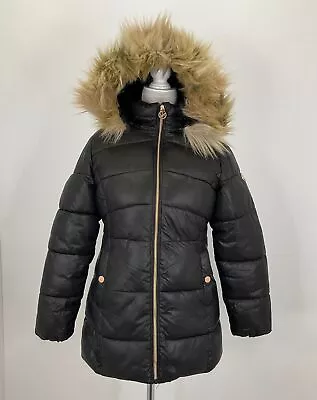 MICHAEL Michael Kors Black Beige Faux Fur Trim Hood Zip Parka Coat 14 • $25