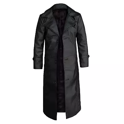 Men's Black Genuine Leather Full Length Long Classic Trench Coat • $120