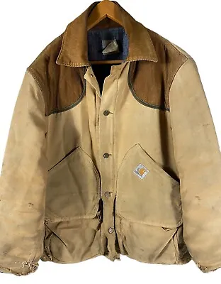 Vintage Distressed Carhartt Hunting Beige Blanket Lined Coat Jacket Mens L • $149.99