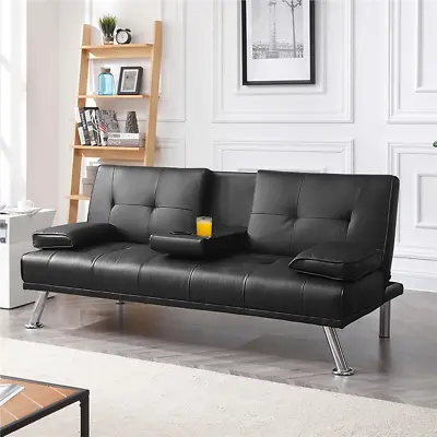 Faux Leather Futon Sofa Modern Style Cupholders Pillows Metal Frame Couch • $179.46