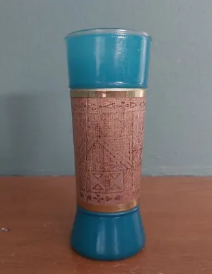 Vintage MCM Tiki Siesta Ware Turquoise Glass Wood Tumbler • $21