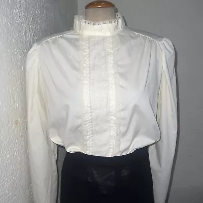 Vtg Edwardian Victorian Ivory Lace Trim Blouse High Collar Large  Bridgeton Lrg • £37.95