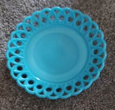 Challinor Taylor Antique Blue Milk Glass Open Lace Lattice Plate • $20