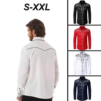 Mens Retro Embroidery Shirt Western Cowboy Long Sleeve Casual Buttons Down Shirt • £13.43