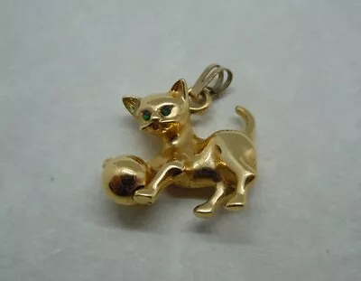 Vintage Monet Gold Tone Playful Kitten ~ Cat Charm ~ Green Rhinestone Eyes ~ 3 D • $29.99