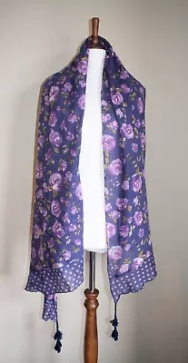 Purple Floral Taselled Scarf 100% Cotton Long Kushi BNWT 68  X 33  Lightweight • £3.99