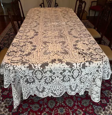 $75 • Buy Gorgeous Vintage Heavy Lace Tablecloth Rectangle 133  X 61  CUTTER CRAFT