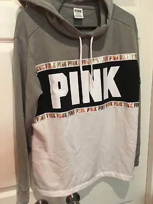 Victoria Secret Pink Hoodie Bling Tunic Sweatshirt Graphic NEW S Grey White Gold • $35.99
