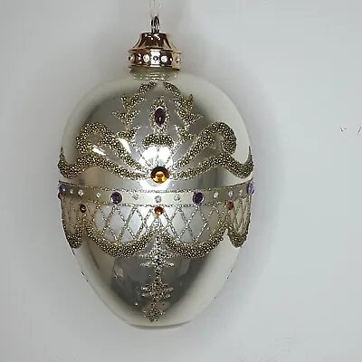 Large Mercury Glass Egg Christmas Ornament W/ Gem Encrusted Jewel Accents • $22.39