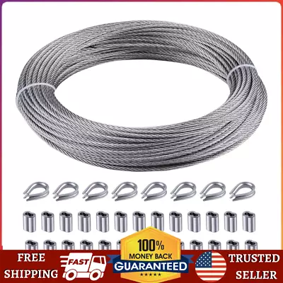 100ft Wire Rope 1/8  Metal Wire Cable With Loop Sleeve Steel Thimble 7x7 Core  • $49.99