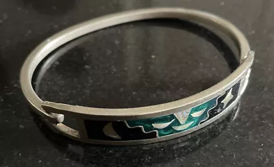 Hinged Clamper Alpaca Silver Bracelet Vintage Mexico Inlaid Jewelry Black Green • $9.99