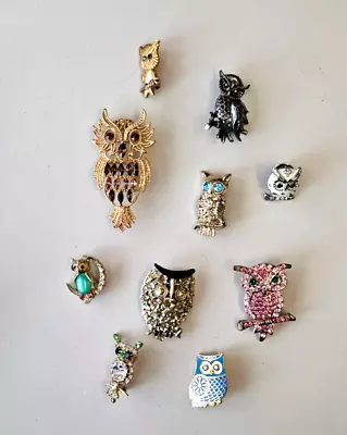 Vintage Lot 10 Owl Brooches  Rhinestone Enamel • $7.25