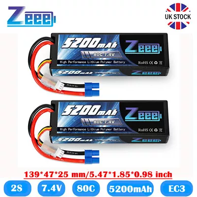 2x Zeee 7.4V 2S Lipo Battery EC3 5200mAh 80C HardCase For RC Car Airplane Truck • £37.99