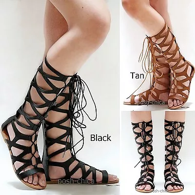 New Women AG16 Tan Black Gold Silver Lace Gladiator Knee High Tall Sandal  • $22.99