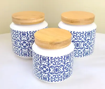 3 Jeff Banks Pour La Maison Ceramic Storage Jars Canisters Wooden Lid Blue White • £23.93