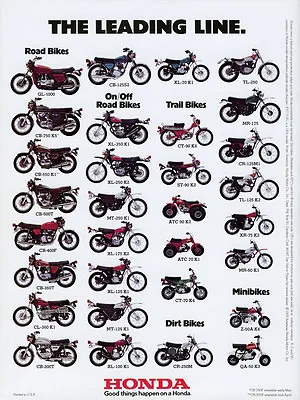 1975 HONDA LINE UP FULL LINE VINTAGE MOTORCYCLE POSTER PRINT 24x18 9MIL PAPER • $26.95