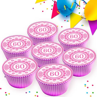 Cute Pink Happy 60th Birthday Age 60 Edible Cupcake Toppers Decorations Pf-1376 • £2.99