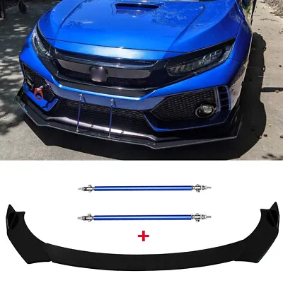 For Honda Civic Si Gloss Black Front Bumper Lip Splitter Body Kit +2x Strut Rods • £58.82