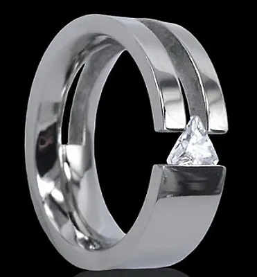 TITANIUM 8mm Wide TENSION Solitaire RING With Trillion Cut CZ Size 13 • $17.99