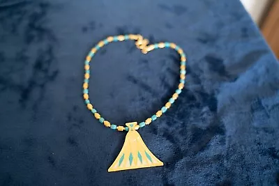 Egyptian Revival MMA Gold Turquoise Lotus Flower Pendant Necklace 1976 Milor  • $85