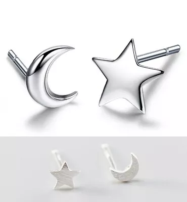 $7.95 • Buy Moon Star Stud Earrings Solid 925 STERLING SILVER Brushed Tiny Studs Gift Box A3