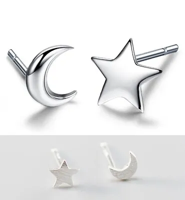 Moon Star Stud Earrings Solid 925 STERLING SILVER Brushed Tiny Studs Gift Box A3 • $7.95