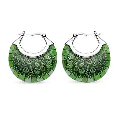 Steel Green Murano Style Glass Hoop Earrings Women For Her Birthday Gift Jewelry • $16.37