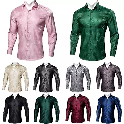 Mens Blue Black Paisley Silk Shirt Long Sleeve Casual Button-Down Shirts Tops S • $19.99