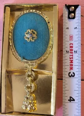 Vintage Mini Vanity Mirror With Blue Rhinestone Detail Hand Mirror Goldtone Chic • $9.72