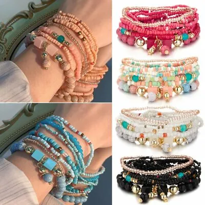 Boho 8PCS Multilayer Crystal Beads Bracelet Natural Stone Bangle Jewelry Women • $3