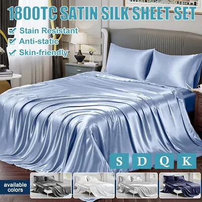$3 • Buy 1800TC Silk Satin Single/Double/Queen/King Fitted Sheet Set Many Colors AU POST