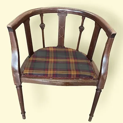 Antique  Mahogany Bow Back Armchair    Reading Chair With Tartan Upholstery.   • £60