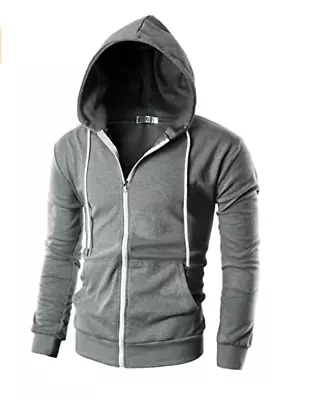 Ohoo Mens Hoodie Slim Fit Long Sleeve Lightweight Zip-up With Kanga Pocket Gray • $34.99