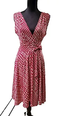 Vintage Riki Nathan Sz 10 Pull-on Stretch Midi Dress Lined Red/ivory Houndstooth • $19