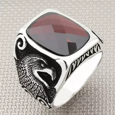Solid 925 Sterling Silver Red Garnet Zircon Gemstone Hawk Beak Men's Boys Ring • $54.99