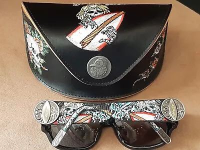 90s Ed Hardy Sunglasses & Case Black SURF OR DIE Womens Small Embroidery Y2K • $220