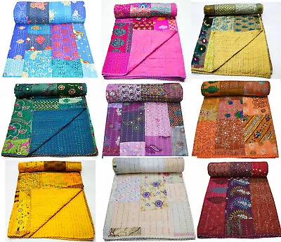 Indian Vintage Patchwork Print Kantha Quilt Bedspread Queen Blanket Cotton Throw • $74.58
