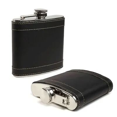 £6.99 • Buy Hip Flask 6oz Plain Black Flasks Stainless Steel Black Leather - Click & Receive