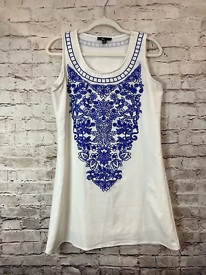 C. Luce Dress Womens Medium White & Blue Floral Embroidered Fit & Flare Lined • $18.04