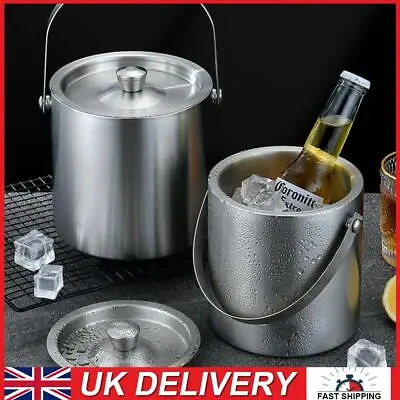 Double-Wall Stainless Steel Insulated Ice Bucket With Lid Ice Cube Container • £15.79