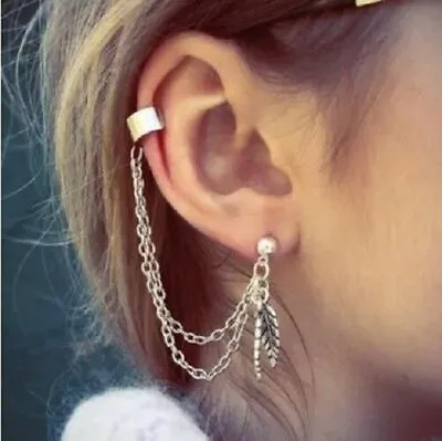 Womens Ear Cuff Earring Leaf Clip On Chain Tassel Silver Fake Dangle Drop Stud • £3.49