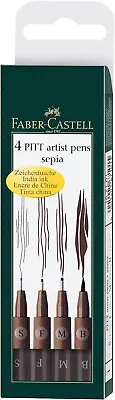 FABER-CASTELL 4 Pitt Artist Pens Sepia Set Of 4 Assorted Tips SFMB • £9.99