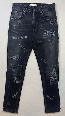 Zara Men's Black Wash Distressed Graffiti Skinny Jeans Size 31 • $24.95