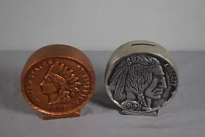 Lot 2 Cast Aluminum Coin Bank Metal - 1877 Indian Head Penny 1914 Buffalo Nickel • $25