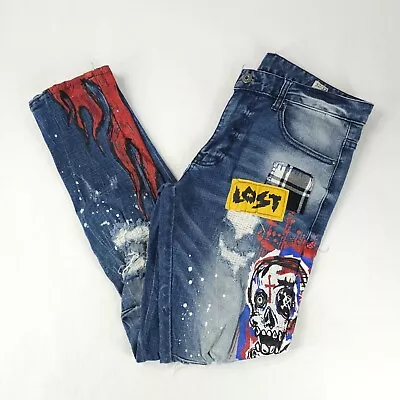 Smoke Rise Denim Pants Mens 32 X 31 Slim Distressed Y2K Loud Flames Skull Loud • $34.99