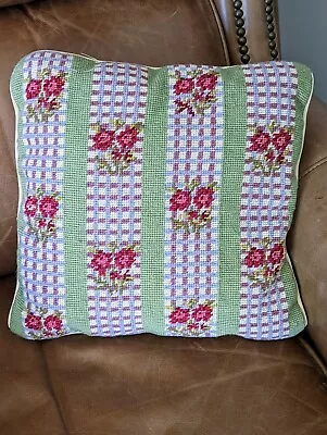 VTG Needlepoint Pillow Floral Rose Striped Throw Pillow Velvet Back 13” Sq Zips • $19.99