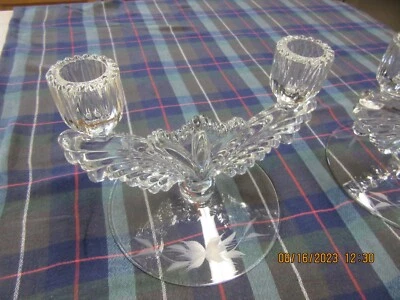 $40 • Buy Vintage PR. Crystal Glass Etched Double Arm Candelabra 2 Candle Stick Holder