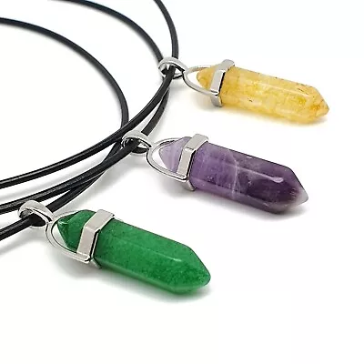 Natural Hexagon Gemstone Necklace Leather Cord Crystal Chakra Pendant Handmade • £7.98