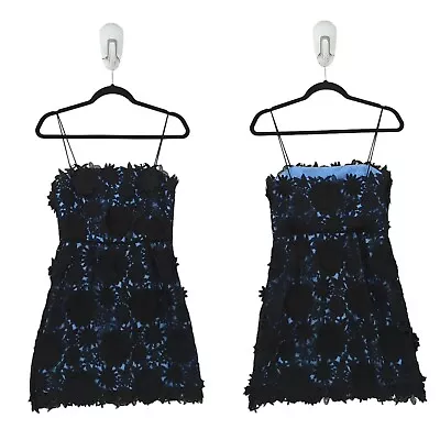 Milly Women 6 3D Dress Black Sky Blue Floral Lace Mini Square Neck Applique FLAW • $79.99